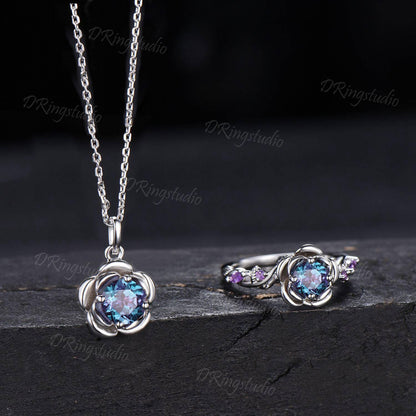 Rose Flower Alexandrite Jewelry Set Rose Gold Ring and Necklace Jewelry Set Round Alexandrite Floral Wedding Ring Flower Pendant Women Gift