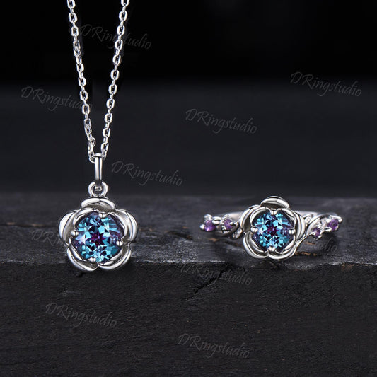 Rose Flower Alexandrite Jewelry Set Rose Gold Ring and Necklace Jewelry Set Round Alexandrite Floral Wedding Ring Flower Pendant Women Gift