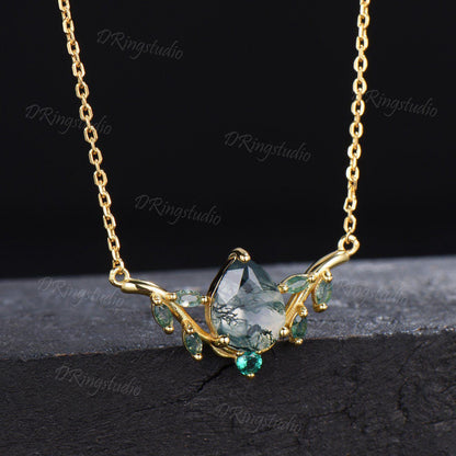 Art Deco Pear Cut Natural Moss Agate Necklace 14k Rose Gold Leaf Vine Pendant Unique Marquise Green Moss Emerald Necklace Wedding Women Gift