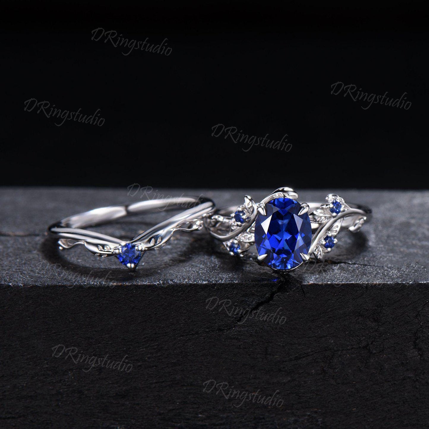 Nature Inspired 1.5ct Oval Cut Blue Sapphire Engagement Ring Black Gold Wedding Ring Twig Vine Sapphire Bridal Set September Birthstone Gift