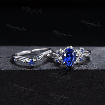 Nature Inspired 1.5ct Oval Cut Blue Sapphire Engagement Ring Black Gold Wedding Ring Twig Vine Sapphire Bridal Set September Birthstone Gift