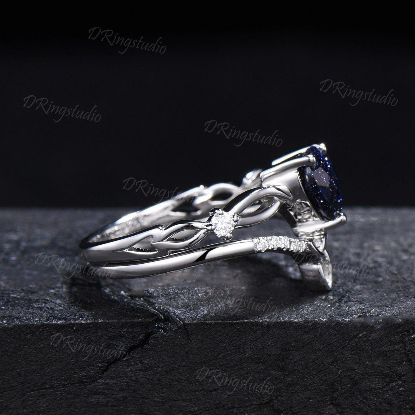 Unique Heart Shaped Blue Sandstone Engagement Ring Twist Shank Galaxy Sandstone Wedding Ring Set Celtic Knot Moissanite Ring Gift For Women