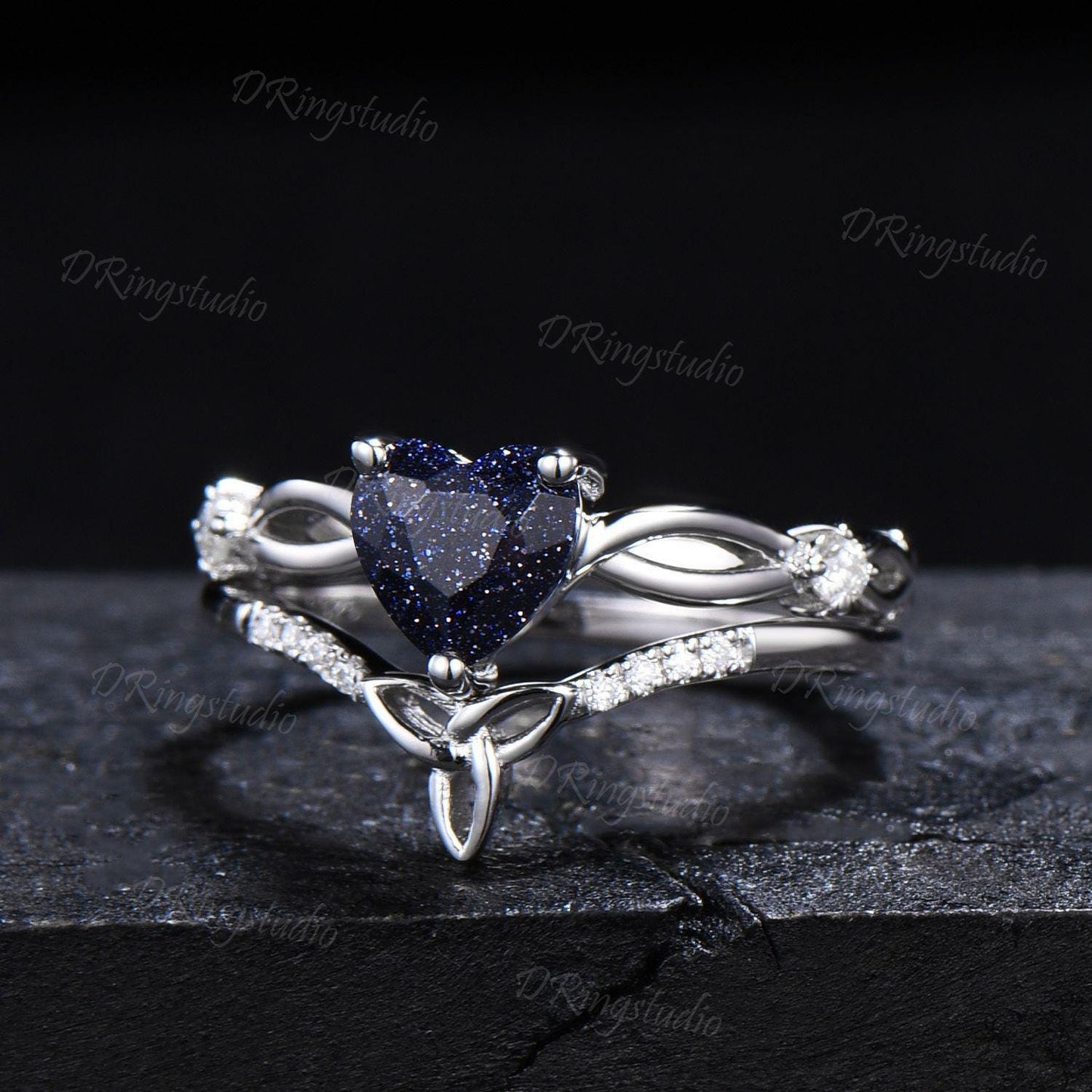 Unique Heart Shaped Blue Sandstone Engagement Ring Twist Shank Galaxy Sandstone Wedding Ring Set Celtic Knot Moissanite Ring Gift For Women