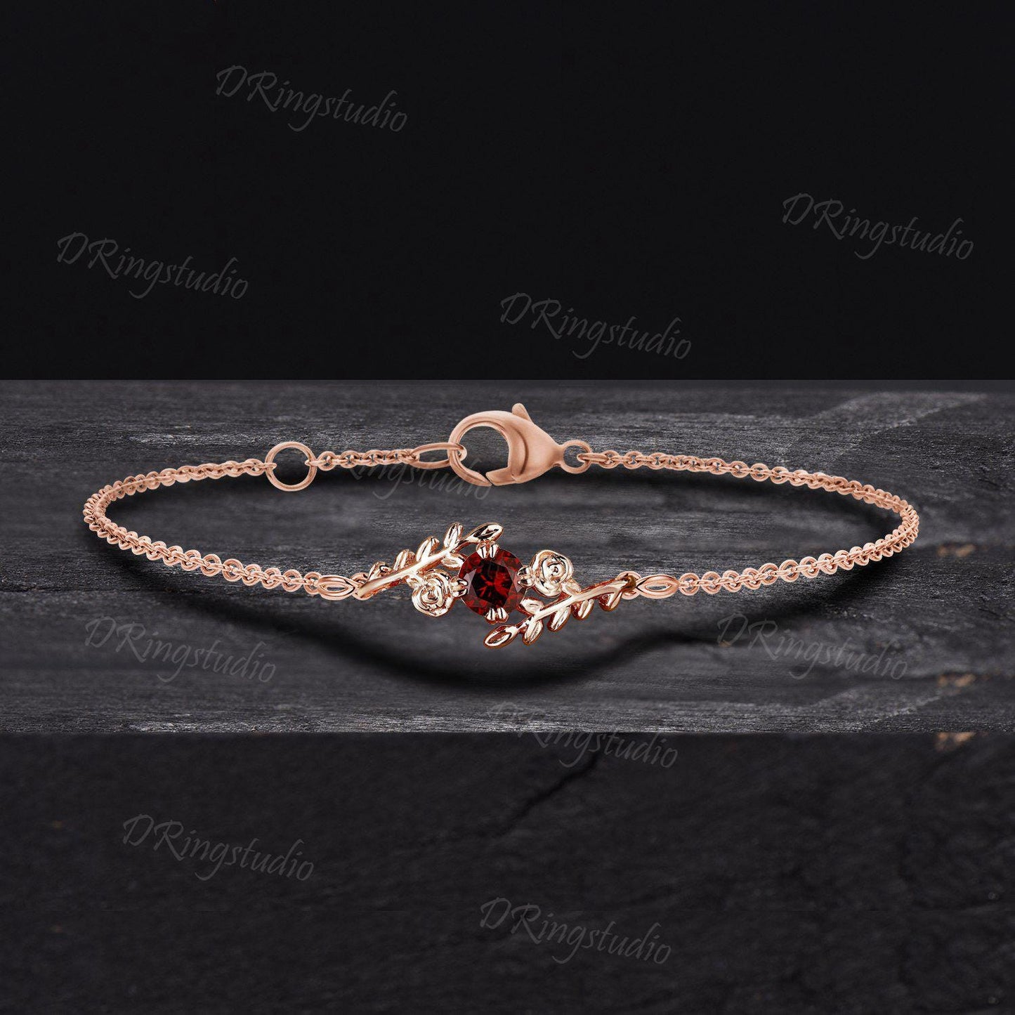 Branch Leaf Round Natural Garnet Bracelet 14k Rose Gold Floral Wedding Bracelet Nature Inspired Rose Flower Bracelet Proposal Gift for Women