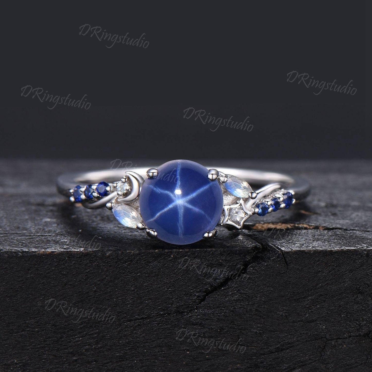 14k Rose Gold Blue Lindy Star Ring 7mm Round Star Sapphire Engagement Ring Vintage Cluster Blue Stone Promise Ring Moon Star Ring Women Gift