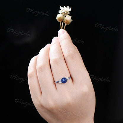 14k Rose Gold Blue Lindy Star Ring 7mm Round Star Sapphire Engagement Ring Vintage Cluster Blue Stone Promise Ring Moon Star Ring Women Gift