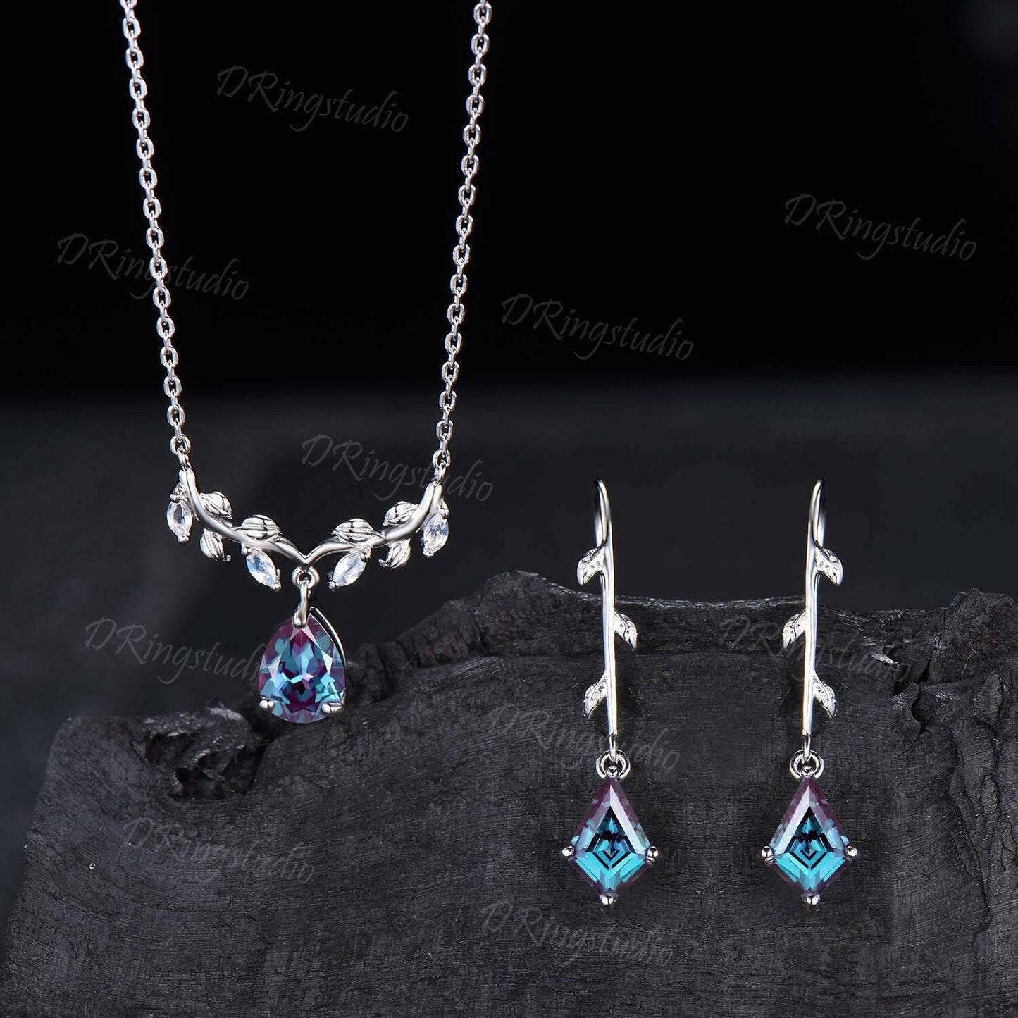 Nature Inspired Alexandrite Necklace Earrings Jewelry Set White Gold Branch Leaf Alexandrite Necklace Leaf Vine Dangle Drops Proposal Gift