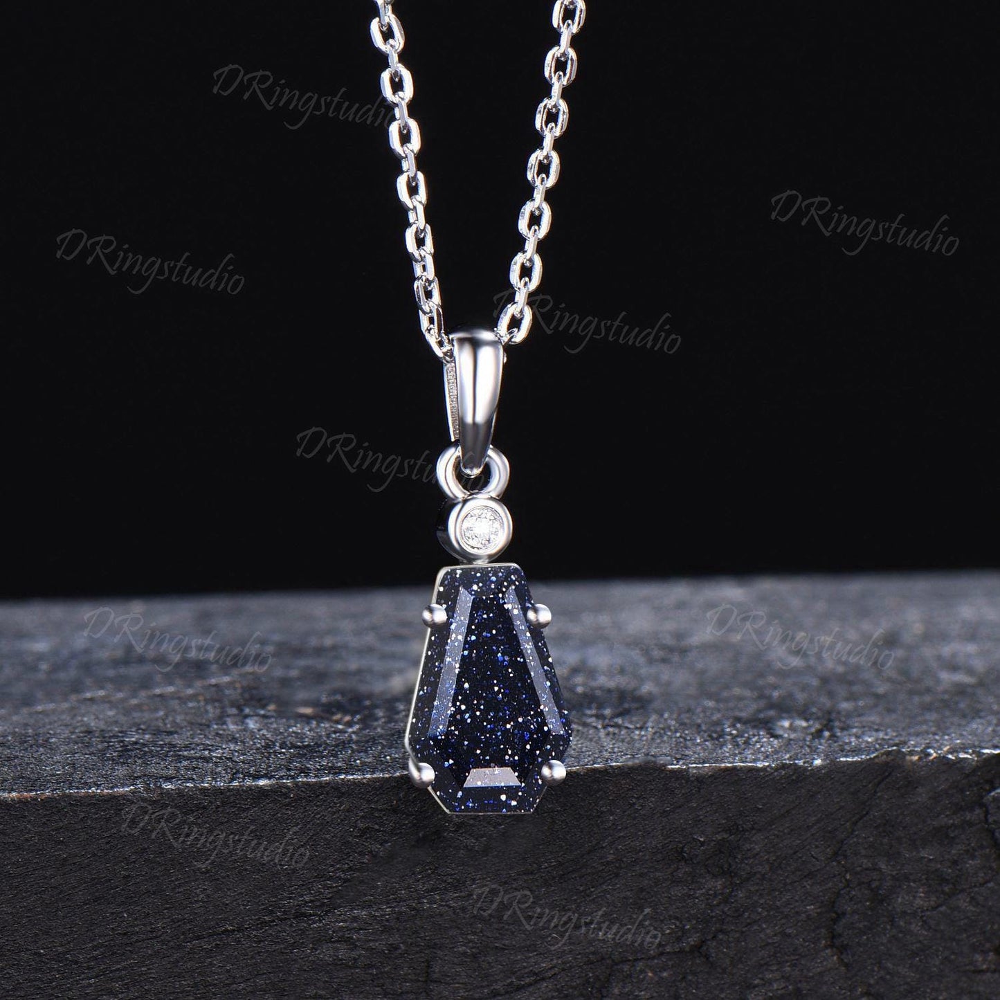 Unique Coffin Cut Galaxy Blue Sandstone Necklace Sterling Silver Starry Blue Goldstone Pendant Diamond Minimalist Necklace Anniversary Gift