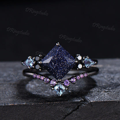 3pcs Starry Sky Blue Sandstone Ring Set Black Gold 2ct Princess Cut Galaxy Sandstone Engagement Ring Cluster Amethyst Black Wedding Ring Set