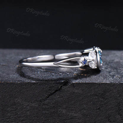 5mm Round Alexandrite Engagement Ring Unique Moon Star Moonstone Sapphire Wedding Ring Crescent Ring June Birthstone Anniversary Women Gifts