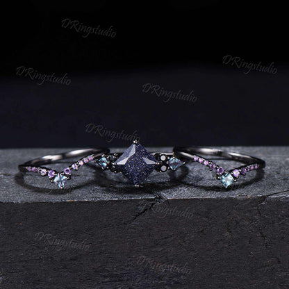 3pcs Starry Sky Blue Sandstone Ring Set Black Gold 2ct Princess Cut Galaxy Sandstone Engagement Ring Cluster Amethyst Black Wedding Ring Set