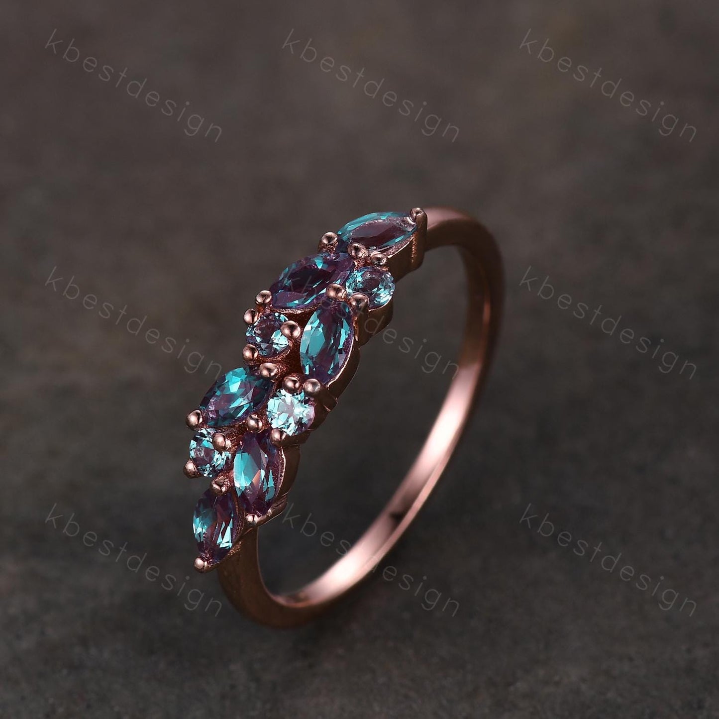 Vintage alexandrite cluster wedding band Unique marquise cut alexandrite wedding band Rose gold ring June birthstone Anniversary gift