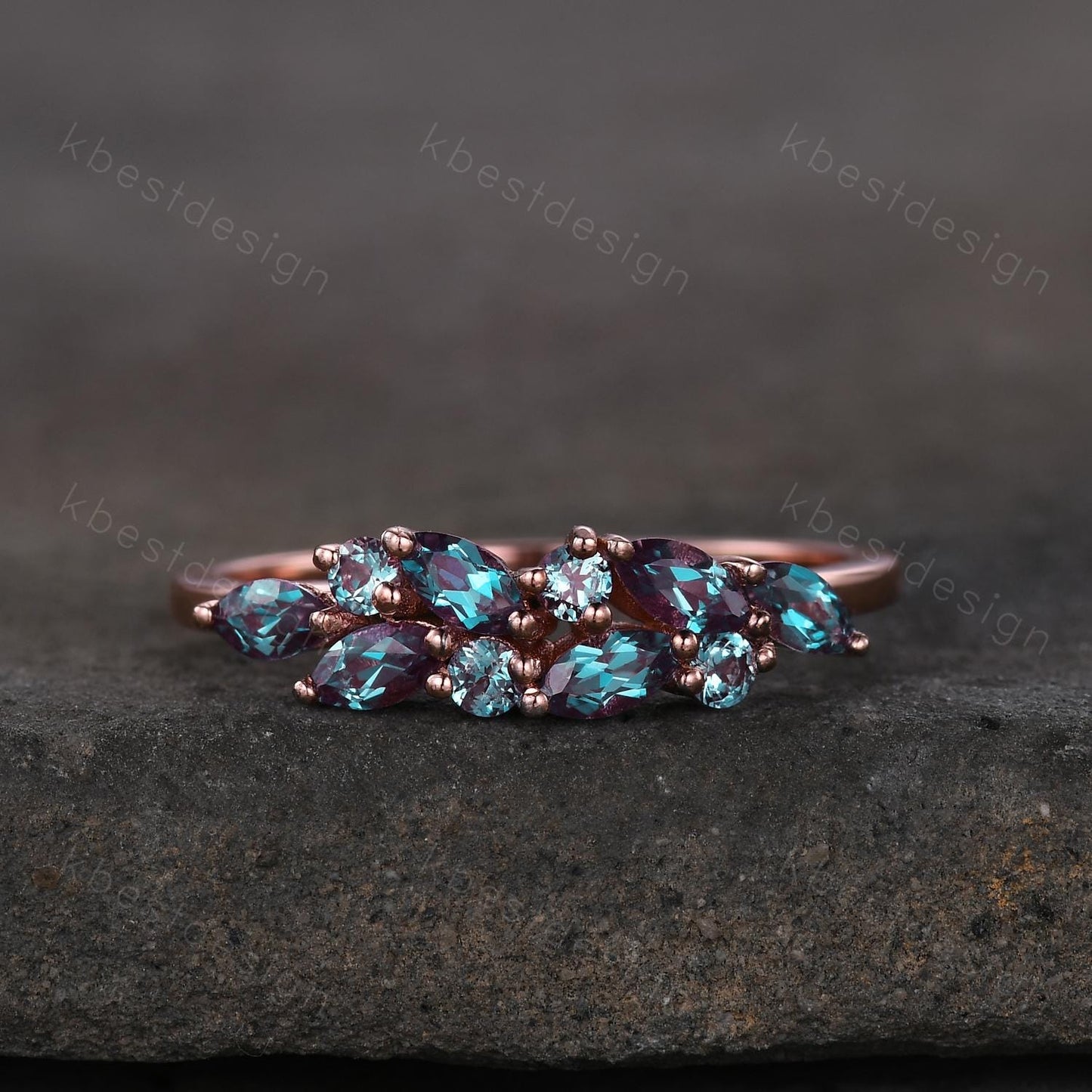 Vintage alexandrite cluster wedding band Unique marquise cut alexandrite wedding band Rose gold ring June birthstone Anniversary gift