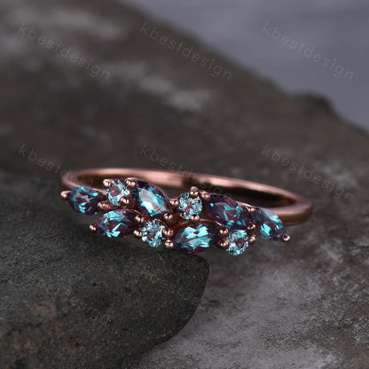 Vintage alexandrite cluster wedding band Unique marquise cut alexandrite wedding band Rose gold ring June birthstone Anniversary gift