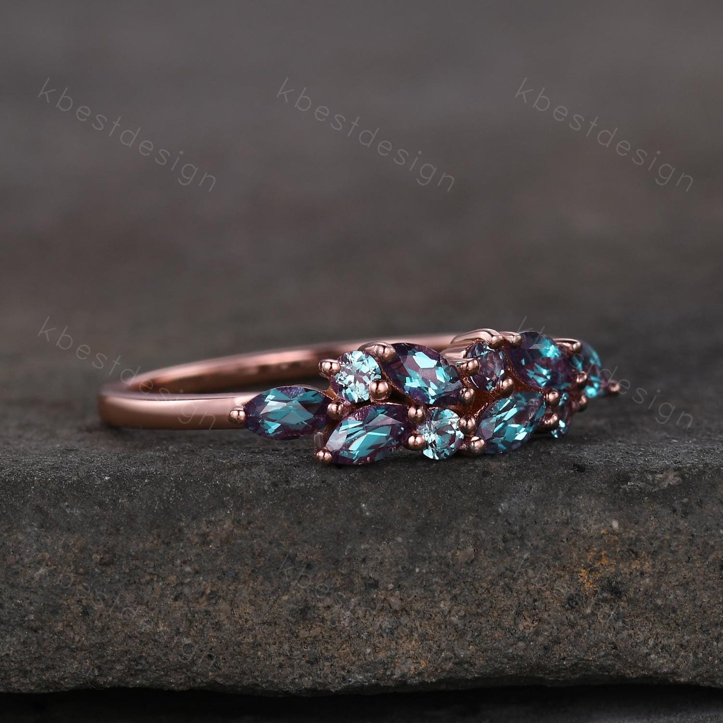 Vintage alexandrite cluster wedding band Unique marquise cut alexandrite wedding band Rose gold ring June birthstone Anniversary gift