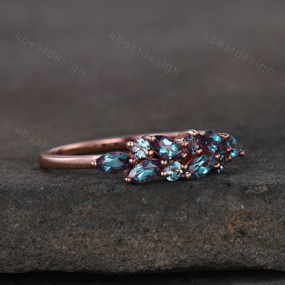 Vintage alexandrite cluster wedding band Unique marquise cut alexandrite wedding band Rose gold ring June birthstone Anniversary gift