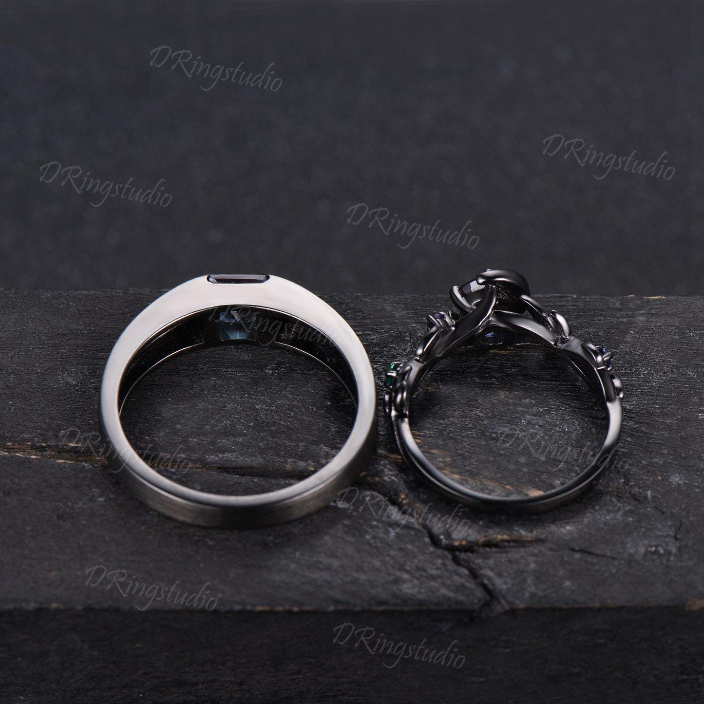 Black Gold Matching Couple Ring Set Moon Star Alexandrite Engagement Ring Matte Wedding Band His and Hers Ring Set Promise Ring for Couples