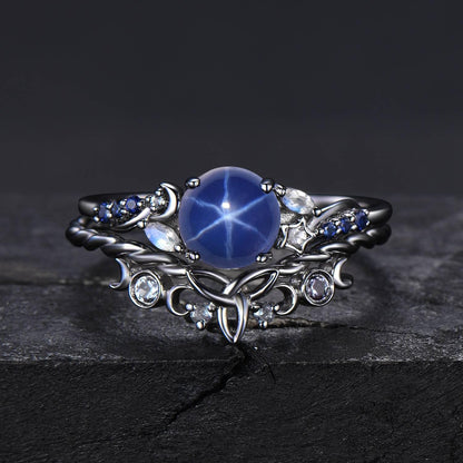 Black Gold Starry Star Sapphire Engagement Ring Moon Star Blue Sapphire Wedding Ring  Gothic Black Round Lindy Star Bridal Set Promise Gift