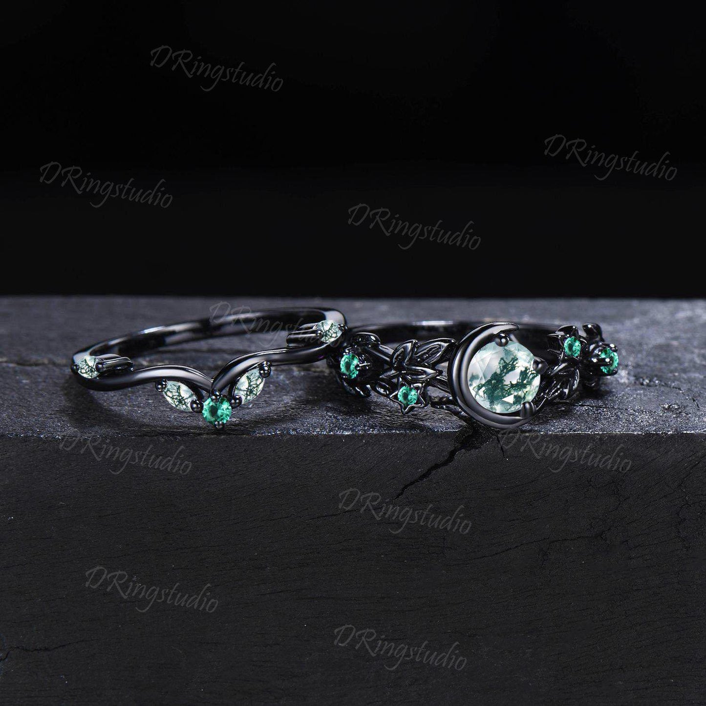 Gothic Black Round Natural Moss Agate Engagement Ring 10k Black Gold Twig Leaf Green Emerald Wedding Ring Moon Star Bridal Set Proposal Gift