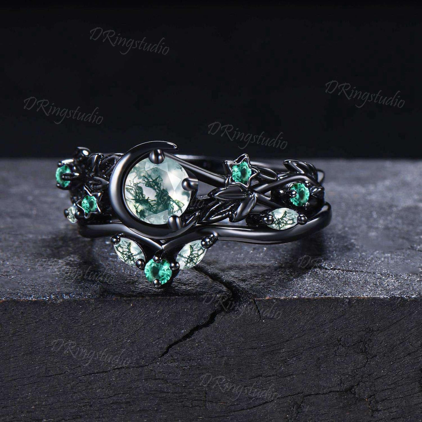 Gothic Black Round Natural Moss Agate Engagement Ring 10k Black Gold Twig Leaf Green Emerald Wedding Ring Moon Star Bridal Set Proposal Gift