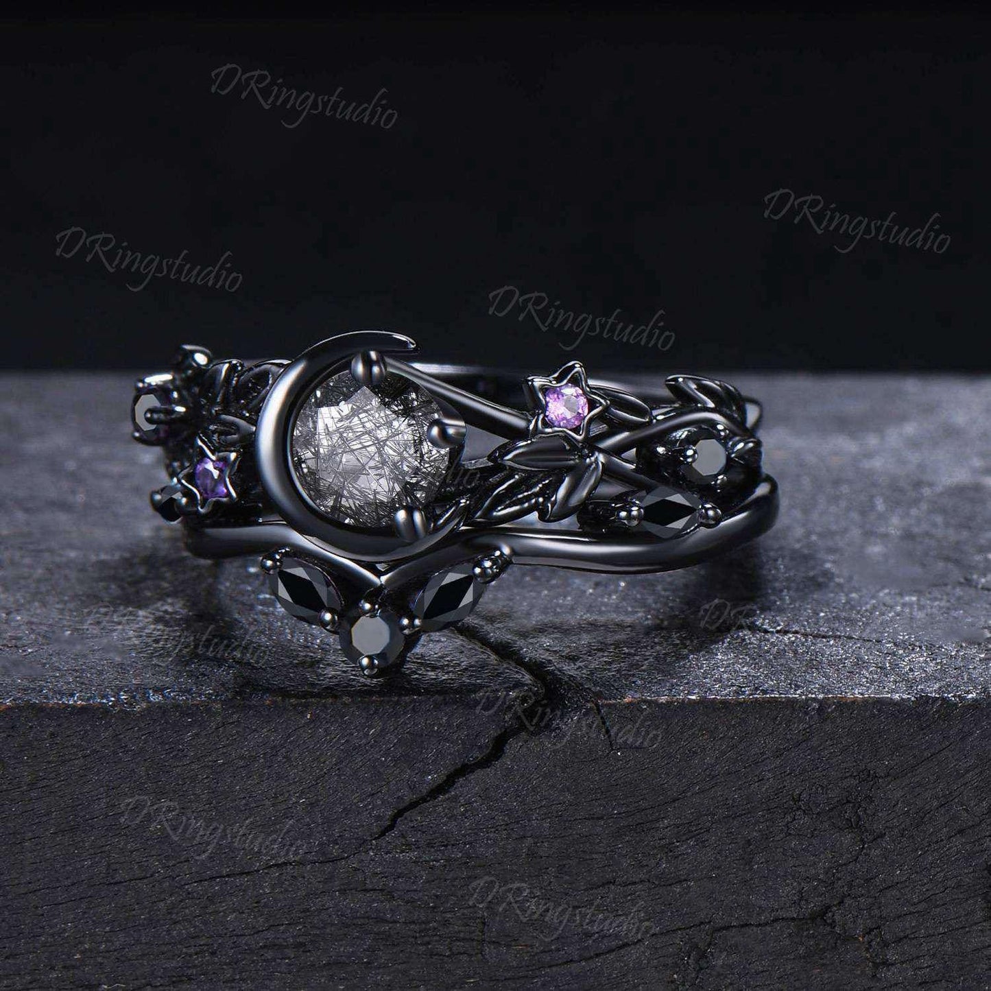 Gothic Black Rutilated Quartz Engagement Ring Black Gold Moon Star Wedding Ring Nature Inspired Leaf Vine Black Spinel Ring Set Promise Gift