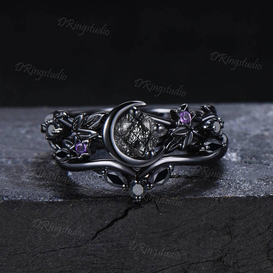 Gothic Black Rutilated Quartz Engagement Ring Black Gold Moon Star Wedding Ring Nature Inspired Leaf Vine Black Spinel Ring Set Promise Gift