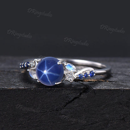 14k Rose Gold Blue Lindy Star Ring 7mm Round Star Sapphire Engagement Ring Vintage Cluster Blue Stone Promise Ring Moon Star Ring Women Gift