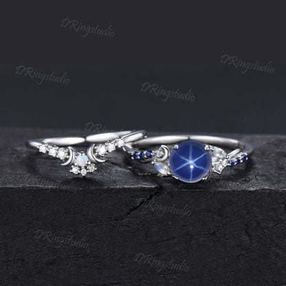 Moon Star Sapphire Engagement Ring Sterling Silver Cluster Blue Sapphire Moonstone Wedding Ring Set Round Blue Lindy Star Ring Proposal Gift