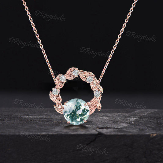 Dainty Rose Gold Wreath Pendant Necklace Nature Inspired Round Moss Agate Necklace Branch Leaf Vine Chain Necklace Anniversary Gift for Her