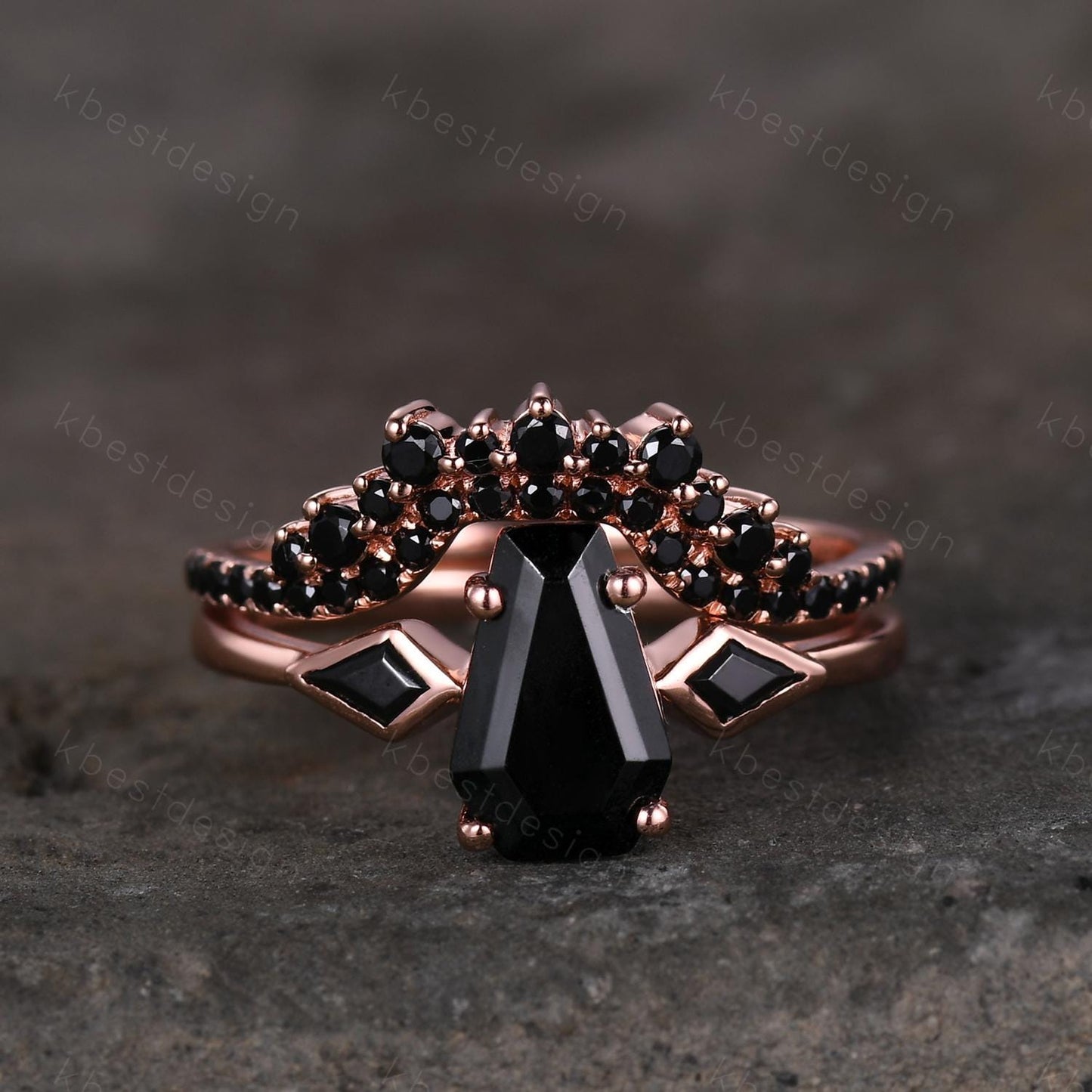 Vintage coffin cut black onyx engagement ring unique curved black spinel stacking band rose gold ring unique black gemstone wedding ring set