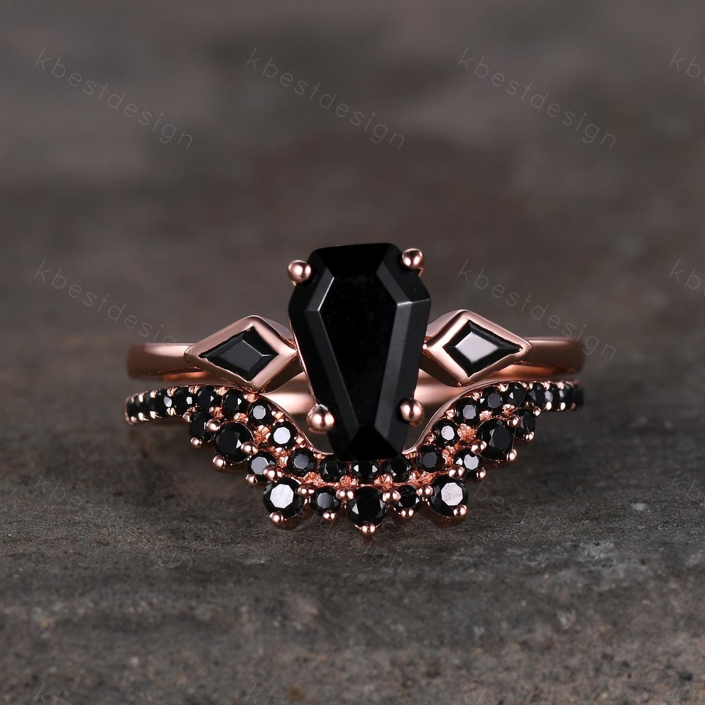 Vintage coffin cut black onyx engagement ring unique curved black spinel stacking band rose gold ring unique black gemstone wedding ring set