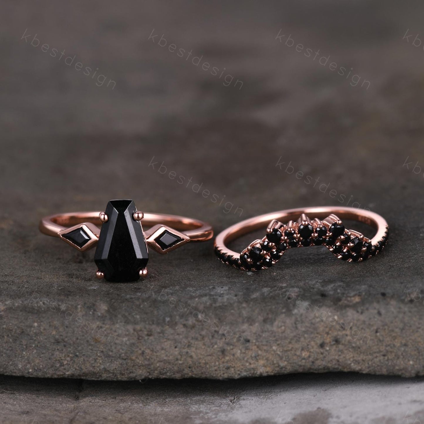 Vintage coffin cut black onyx engagement ring unique curved black spinel stacking band rose gold ring unique black gemstone wedding ring set