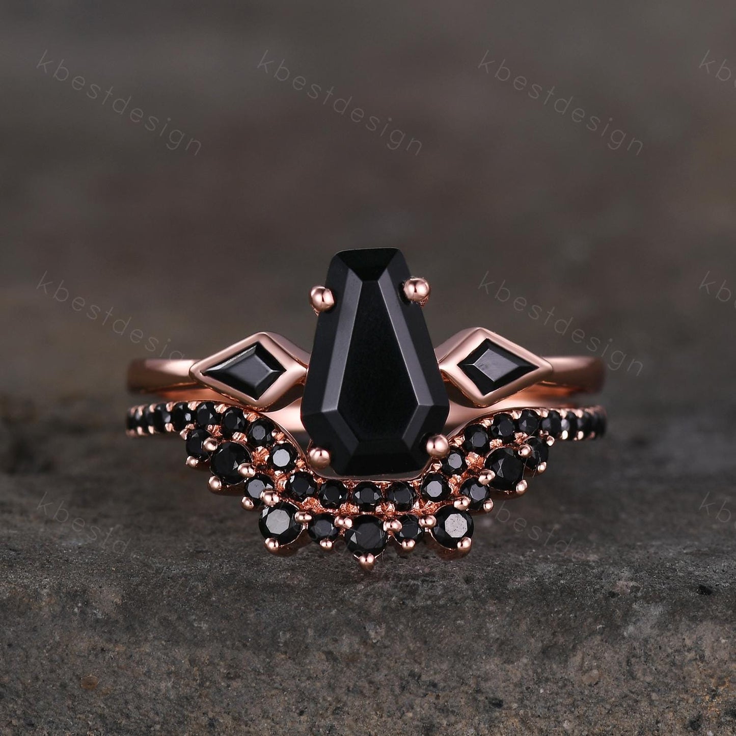 Vintage coffin cut black onyx engagement ring unique curved black spinel stacking band rose gold ring unique black gemstone wedding ring set