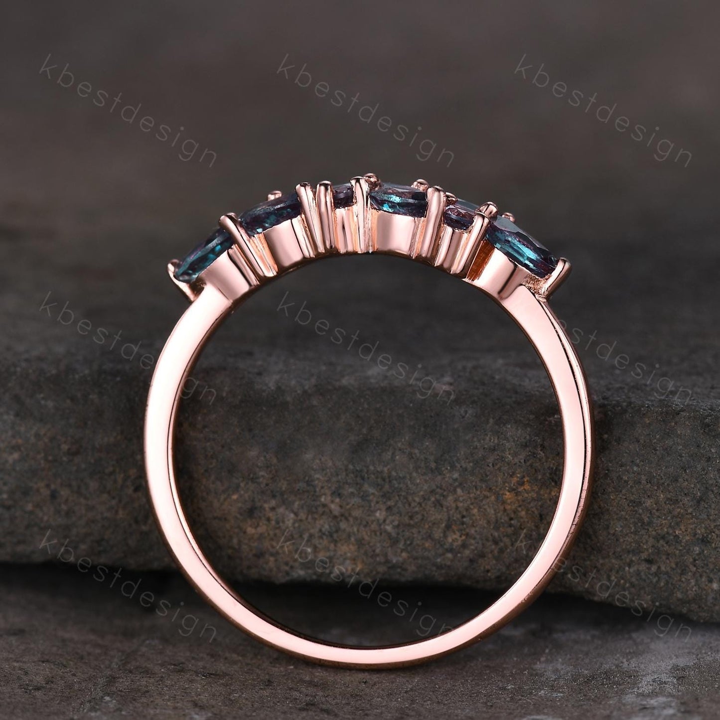 Vintage alexandrite cluster wedding band Unique marquise cut alexandrite wedding band Rose gold ring June birthstone Anniversary gift