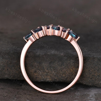 Vintage alexandrite cluster wedding band Unique marquise cut alexandrite wedding band Rose gold ring June birthstone Anniversary gift