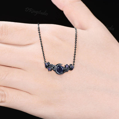 Black Gold Starry Sky Blue Sandstone Necklace Moon Star Galaxy Nebula Necklace Nature Inspired Leaf Vine Pendant Gothic Black Necklace Gift