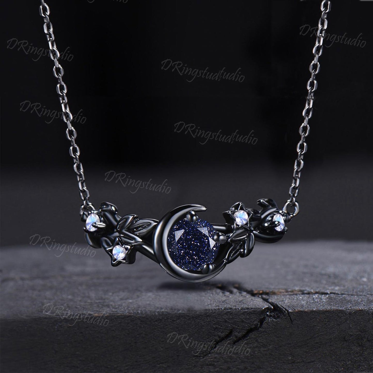 Black Gold Starry Sky Blue Sandstone Necklace Moon Star Galaxy Nebula Necklace Nature Inspired Leaf Vine Pendant Gothic Black Necklace Gift