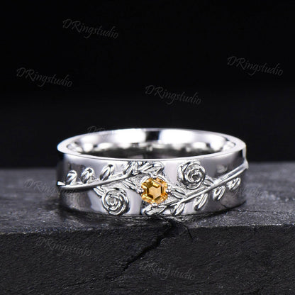 Hexagon Natural Citrine Wedding Band Sterling Silver Nature Inspired Leaf Engagement Band 6mm Engraved Wedding Ring November Birthstone Band