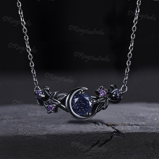 Black Gold Starry Sky Blue Sandstone Necklace Moon Star Galaxy Nebula Necklace Nature Inspired Leaf Vine Pendant Gothic Black Necklace Gift