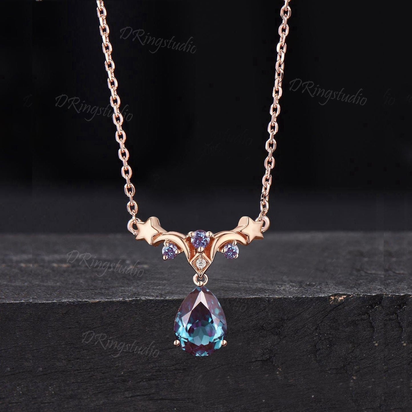 14k Rose Gold Alexandrite Necklace Moon Star Galaxy Alexandrite Pendant Teardrop Wedding Necklace June Birthstone Moon Jewelry Promise Gift