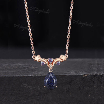 Unique Teardrop Starry Sky Blue Sandstone Necklace Dainty Rose Gold Moon Star Nebula Necklace Crescent Moon Alexandrite Pendant Promise Gift