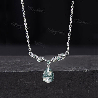 Teardrop Natural Moss Agate Necklace Nature Inspired Branch Leaf Vine Emerald Pendant 14k/18k White Gold Necklace Anniversary Gift for Women