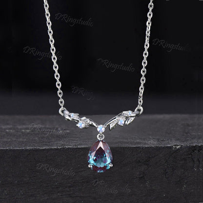 Dainty White Gold Teardrop Alexandrite Necklace Twig Leaf Vine Necklace Unique Moonstone Pendant Nature Inspired Wedding Necklace Women Gift