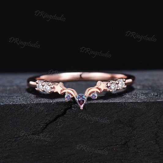 Dainty Rose Gold Alexandrite Wedding Band Moon Star Curved Stacking Wedding Ring 7 Stone Moissanite Matching Band Celestial Ring for Women