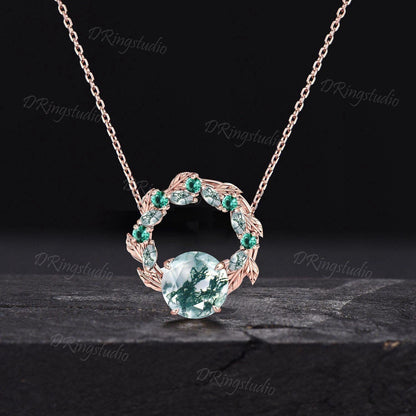 Leaf Design Round Moss Agate Necklace Unique Cluster Marquise Moss Agate Pendant 14k Rose Gold Nature Inspired Wreath Necklace Proposal Gift