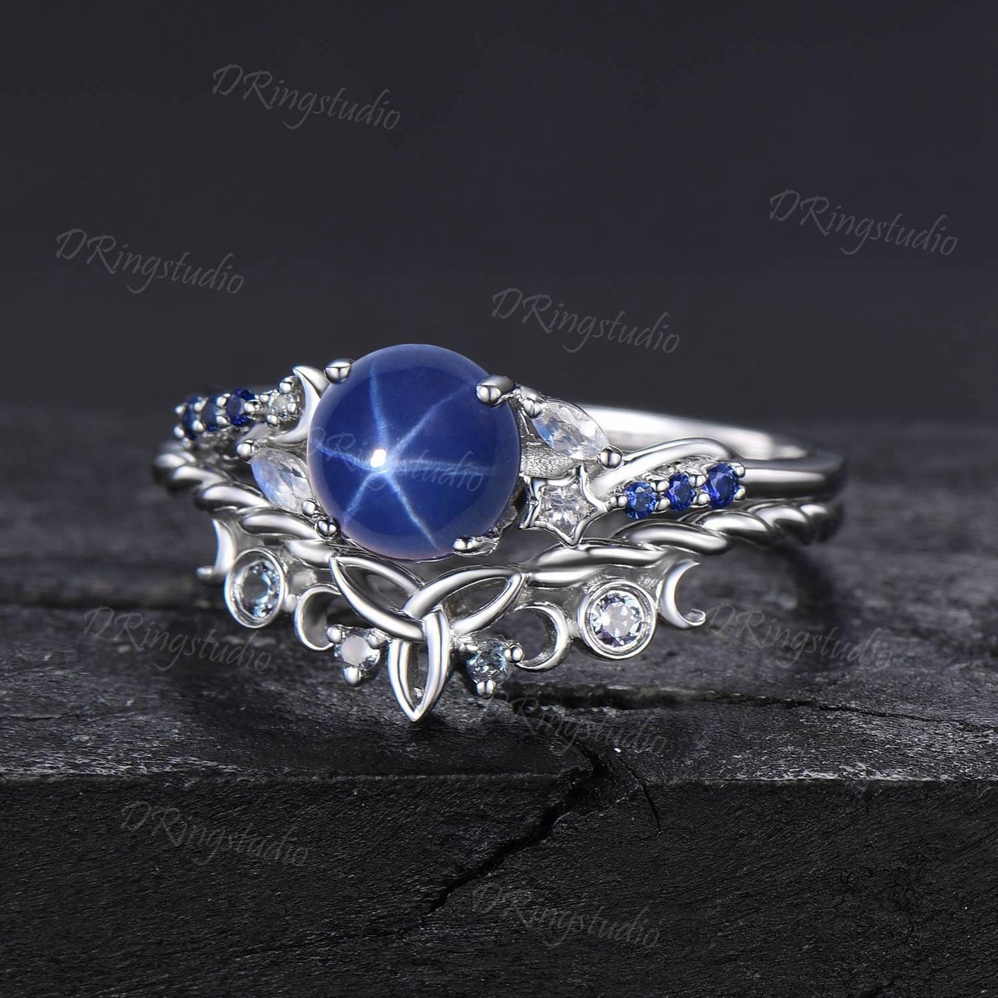 Black Gold Starry Star Sapphire Engagement Ring Moon Star Blue Sapphire Wedding Ring  Gothic Black Round Lindy Star Bridal Set Promise Gift