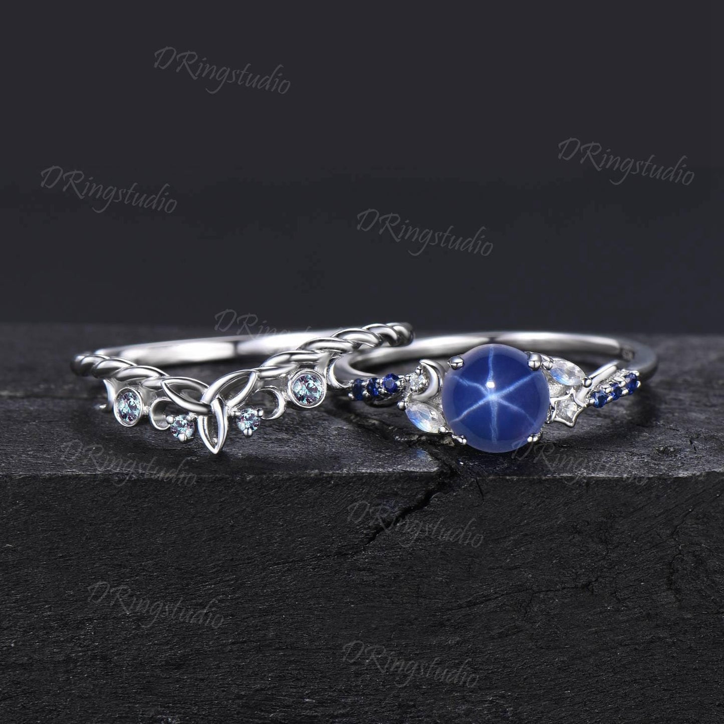 Black Gold Starry Star Sapphire Engagement Ring Moon Star Blue Sapphire Wedding Ring  Gothic Black Round Lindy Star Bridal Set Promise Gift