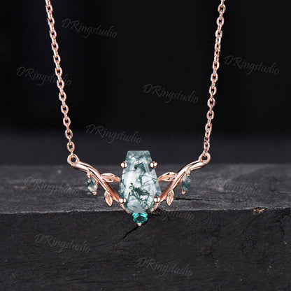 Unique Coffin Cut Natural Moss Agate Necklace Rose Gold Wedding Necklace Nature Inspired Leaf Vine Emerald Pendant Green Agate Proposal Gift