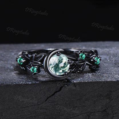 Gothic Black Round Natural Moss Agate Engagement Ring 10k Black Gold Twig Leaf Green Emerald Wedding Ring Moon Star Bridal Set Proposal Gift