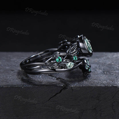 Gothic Black Round Natural Moss Agate Engagement Ring 10k Black Gold Twig Leaf Green Emerald Wedding Ring Moon Star Bridal Set Proposal Gift